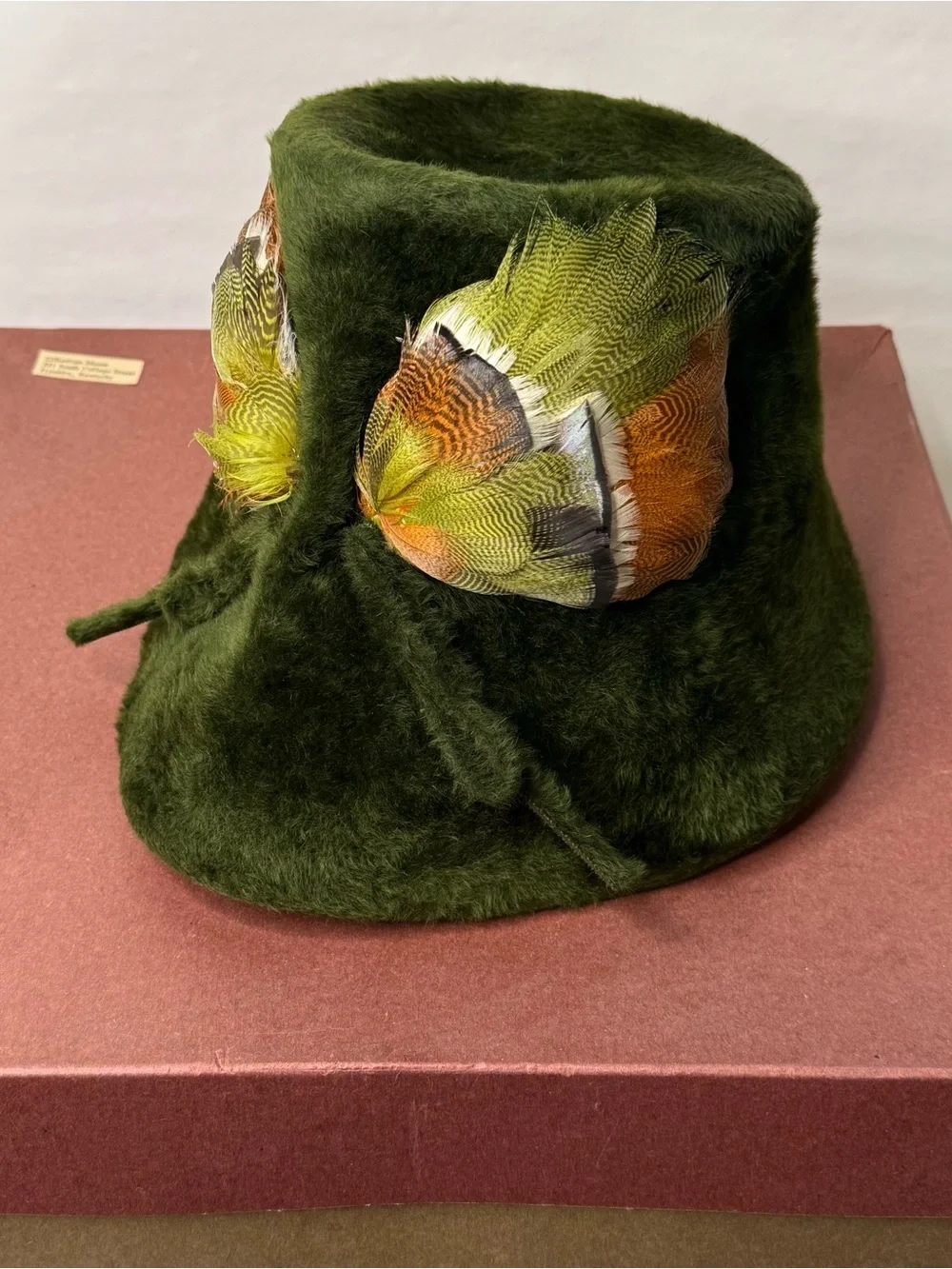 Vintage 1960s Italy Fur Felt Bucket Hat Pheasant Feather Green Cain Sloan Boxed